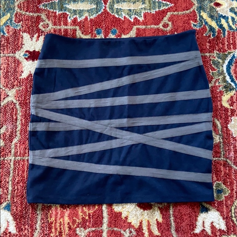 Navy blue pencil skirt with gray stripes